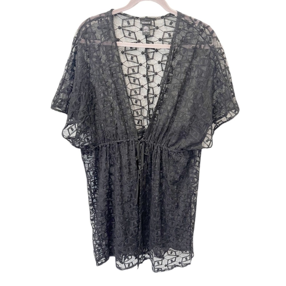 Torrid Black Lace Geometric Swim Cover Up Drawstring Waist Size 0 L XL